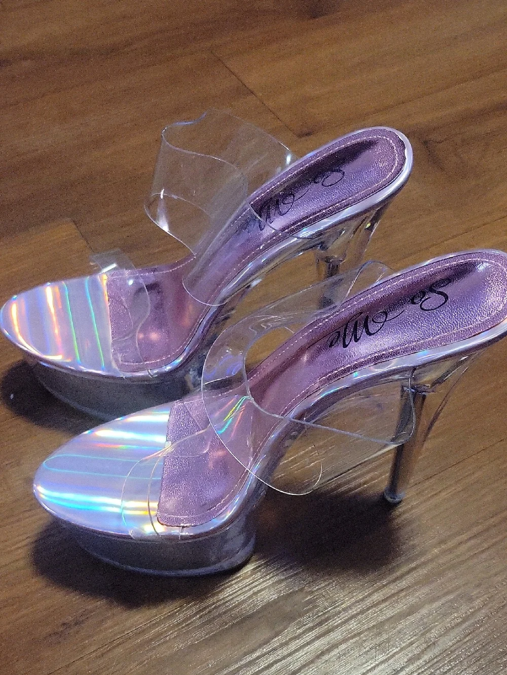 So Me Iridescent Pink Platform Mules with Clear Straps - Picture 1 of 4